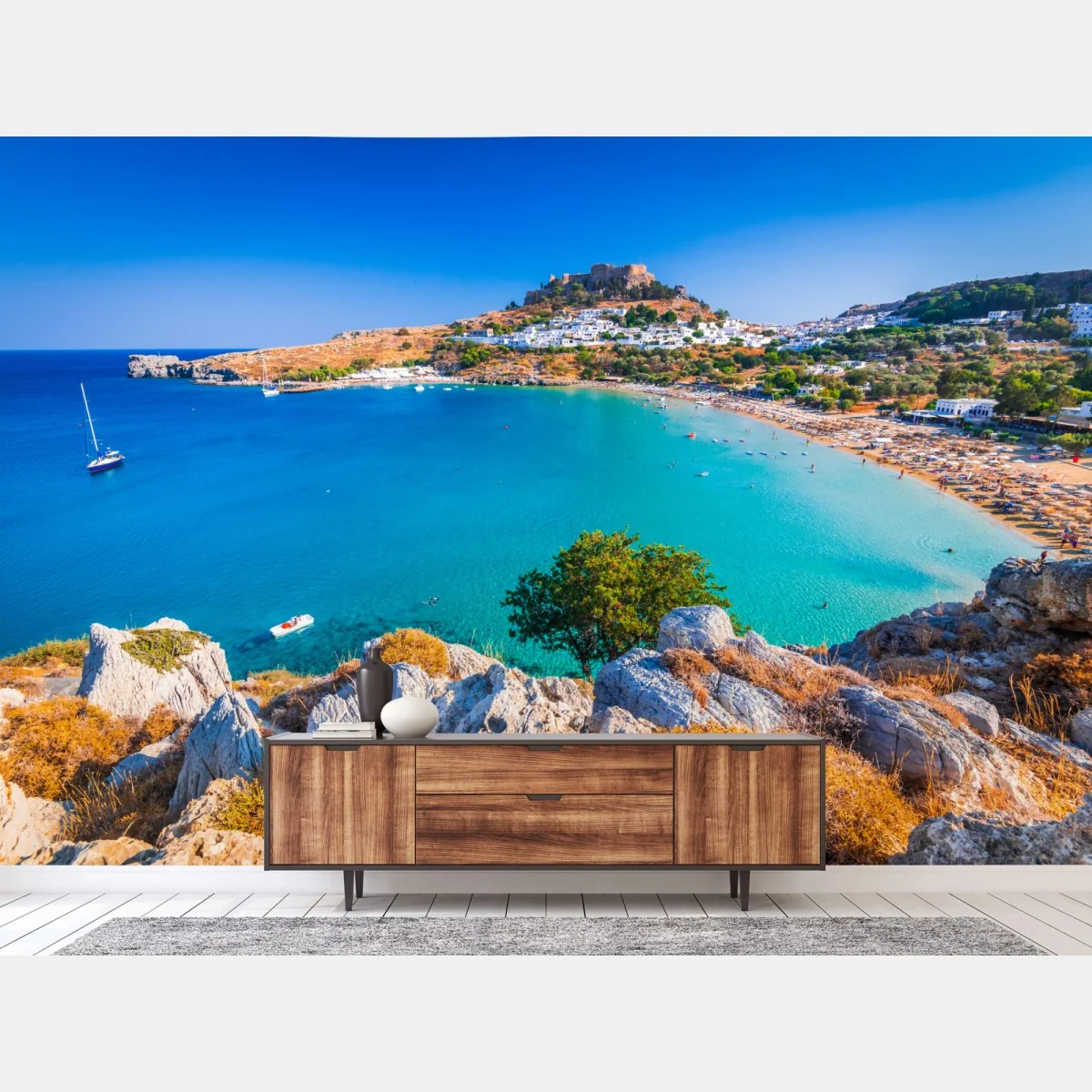 Fototapeta turkusowa zatoka w Lindos, Rodos – Wallissimo® Fototapeta turkusowa zatoka w Lindos, Rodos – Wallissimo®