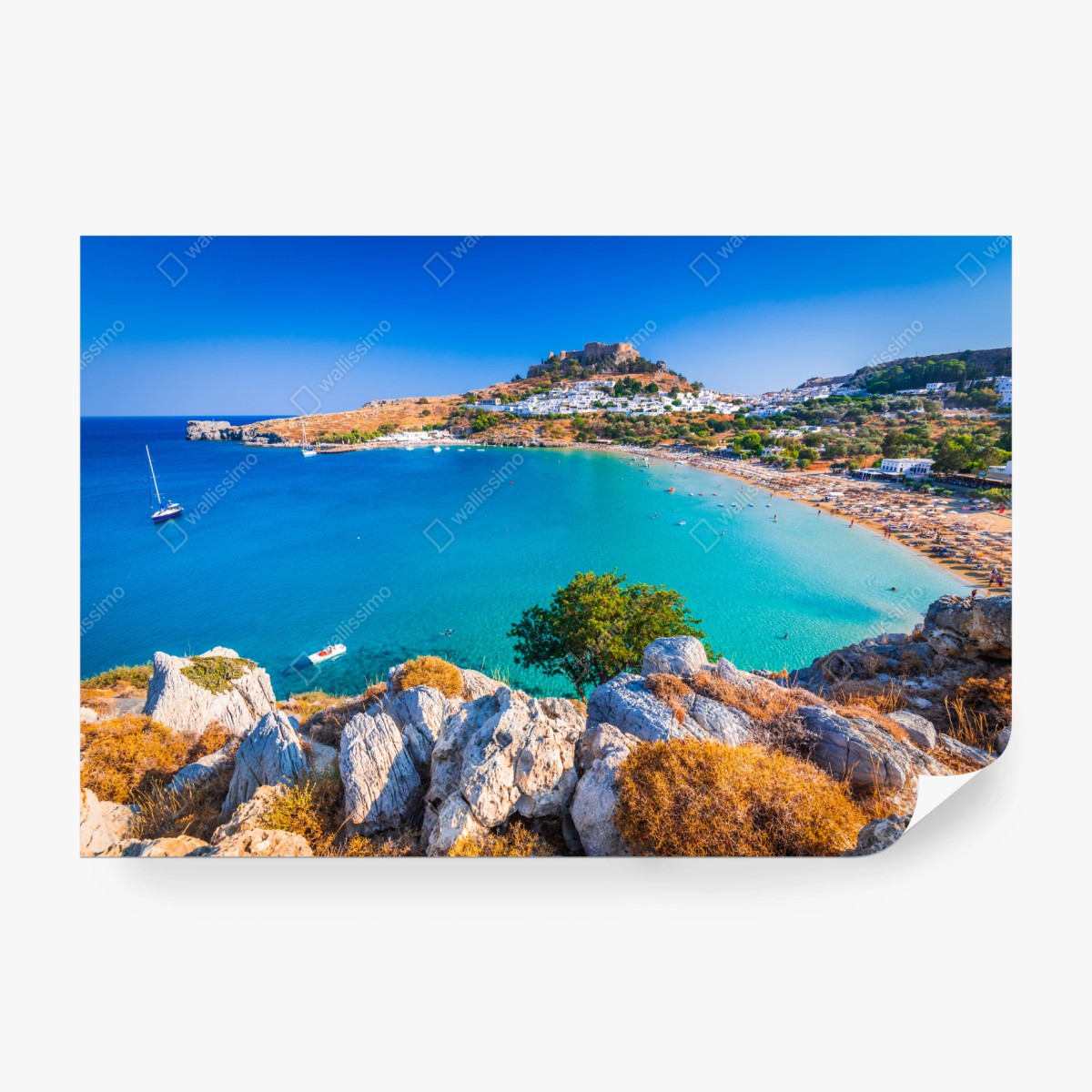 Fototapeta turkusowa zatoka w Lindos, Rodos – Wallissimo® Fototapeta turkusowa zatoka w Lindos, Rodos – Wallissimo®