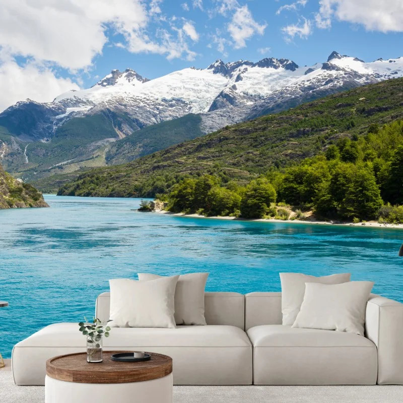 Fototapeta turkusowe jezioro górskie z ośnieżonymi szczytami – Wallissimo® Fototapeta turkusowe jezioro górskie z ośnieżonymi szczytami – Wallissimo®
