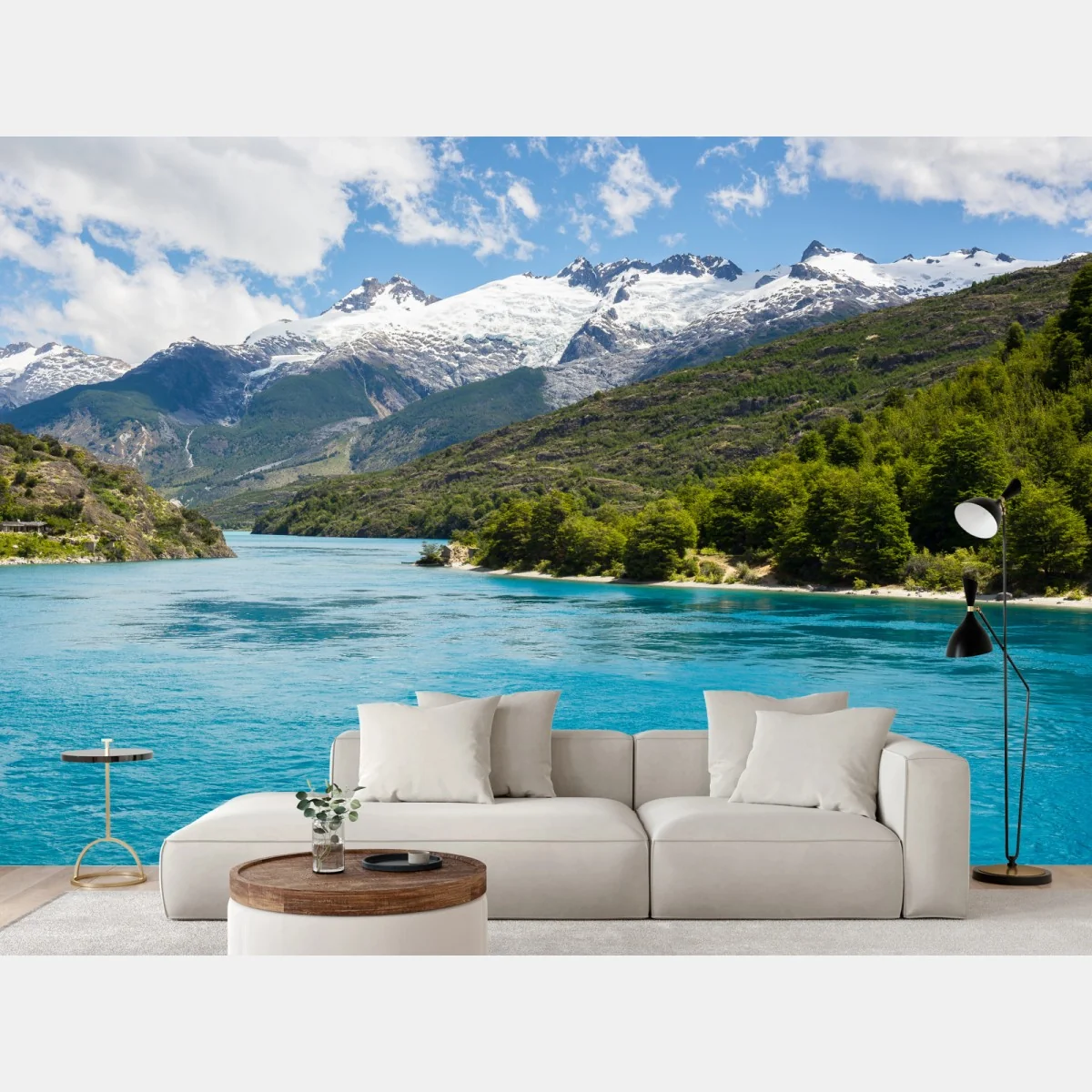 Fototapeta turkusowe jezioro górskie z ośnieżonymi szczytami – Wallissimo® Fototapeta turkusowe jezioro górskie z ośnieżonymi szczytami – Wallissimo®