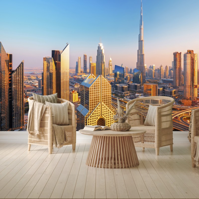 Fototapeta panorama Dubaju z Burj Khalifa o zachodzie słońca – Wallissimo® Fototapeta panorama Dubaju z Burj Khalifa o zachodzie słońca – Wallissimo®