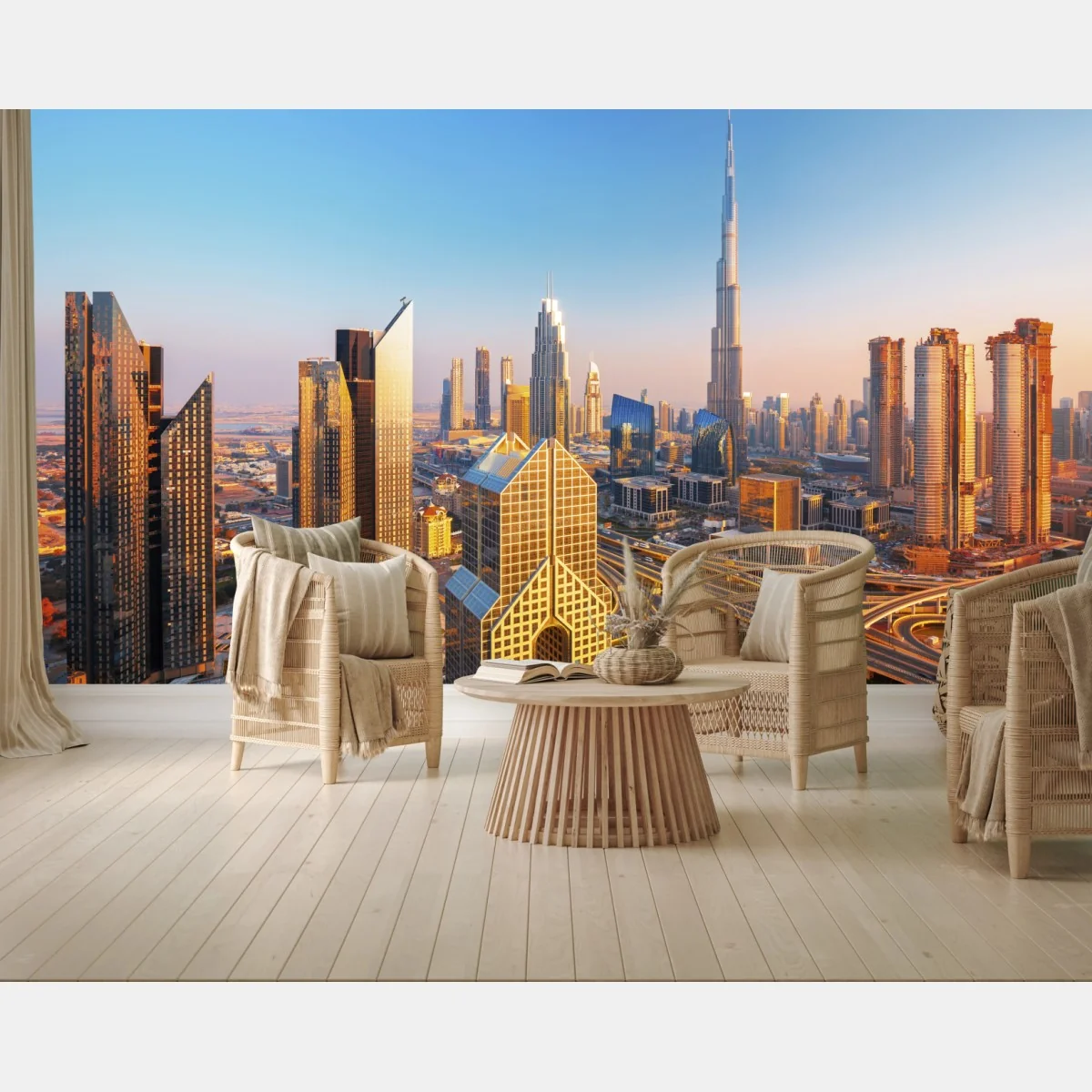 Fototapeta panorama Dubaju z Burj Khalifa o zachodzie słońca – Wallissimo® Fototapeta panorama Dubaju z Burj Khalifa o zachodzie słońca – Wallissimo®