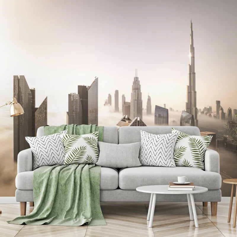 Fototapeta mglista panorama Dubaju nad chmurami – Wallissimo® Fototapeta mglista panorama Dubaju nad chmurami – Wallissimo®