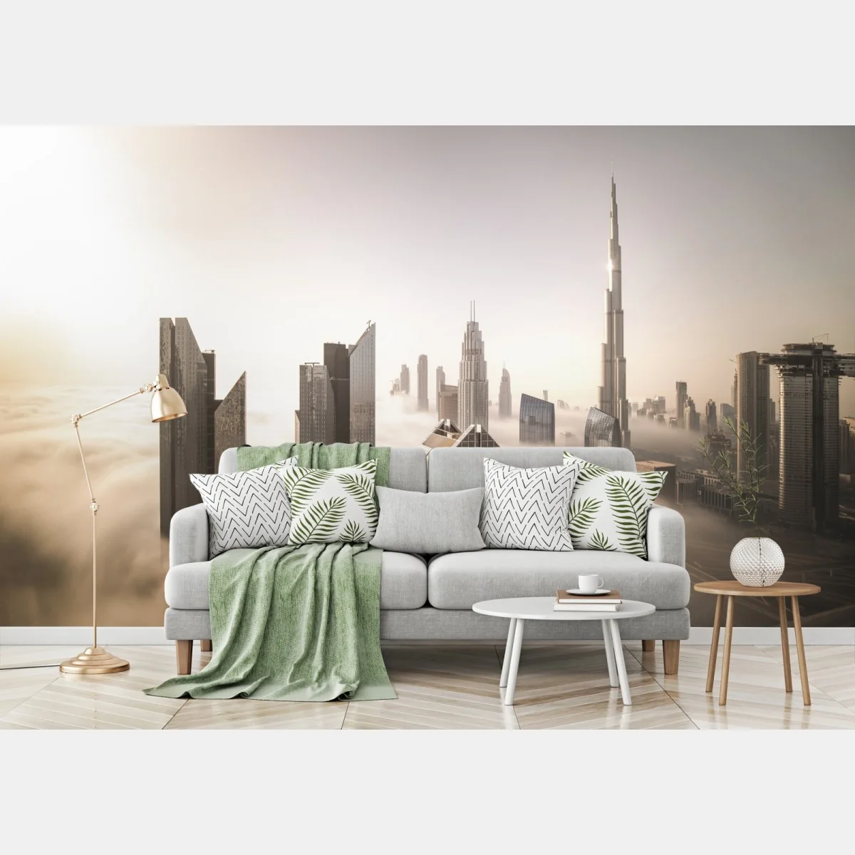 Fototapeta mglista panorama Dubaju nad chmurami – Wallissimo® Fototapeta mglista panorama Dubaju nad chmurami – Wallissimo®