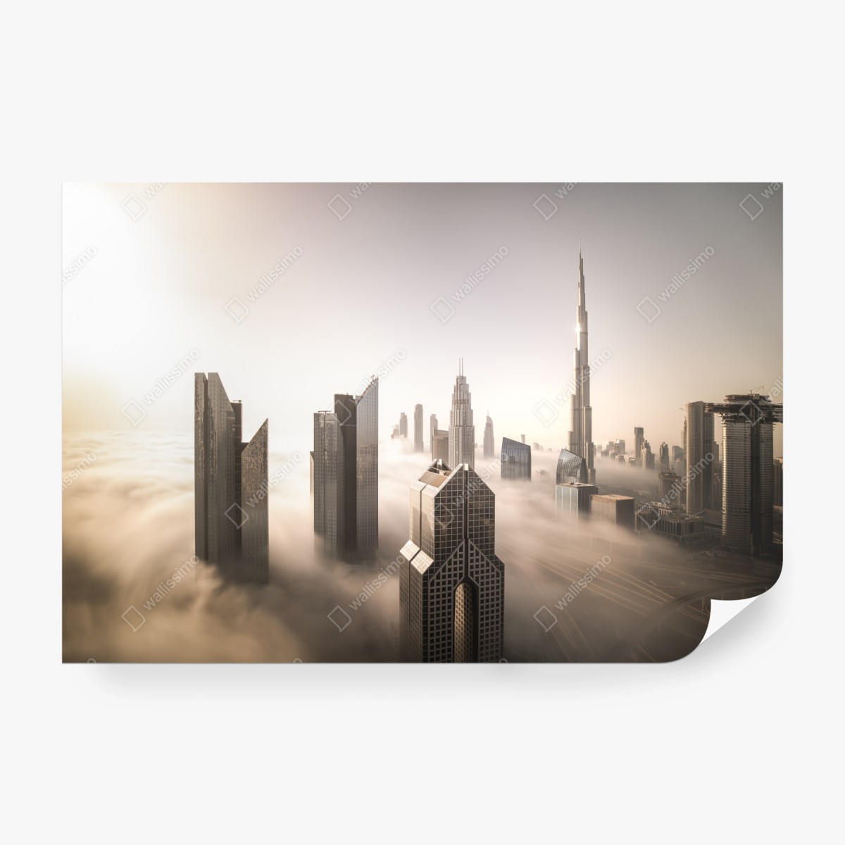 Fototapeta mglista panorama Dubaju nad chmurami – Wallissimo® Fototapeta mglista panorama Dubaju nad chmurami – Wallissimo®