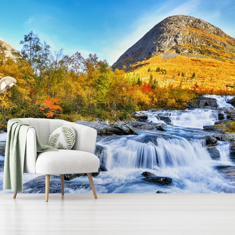 Fototapeta złoty jesienny wodospad – Wallissimo® Fototapeta złoty jesienny wodospad – Wallissimo®