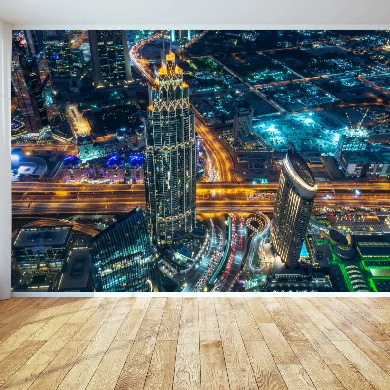 Fototapeta Dubaj nocna panorama z Burj Khalifa – Wallissimo® Fototapeta Dubaj nocna panorama z Burj Khalifa – Wallissimo®