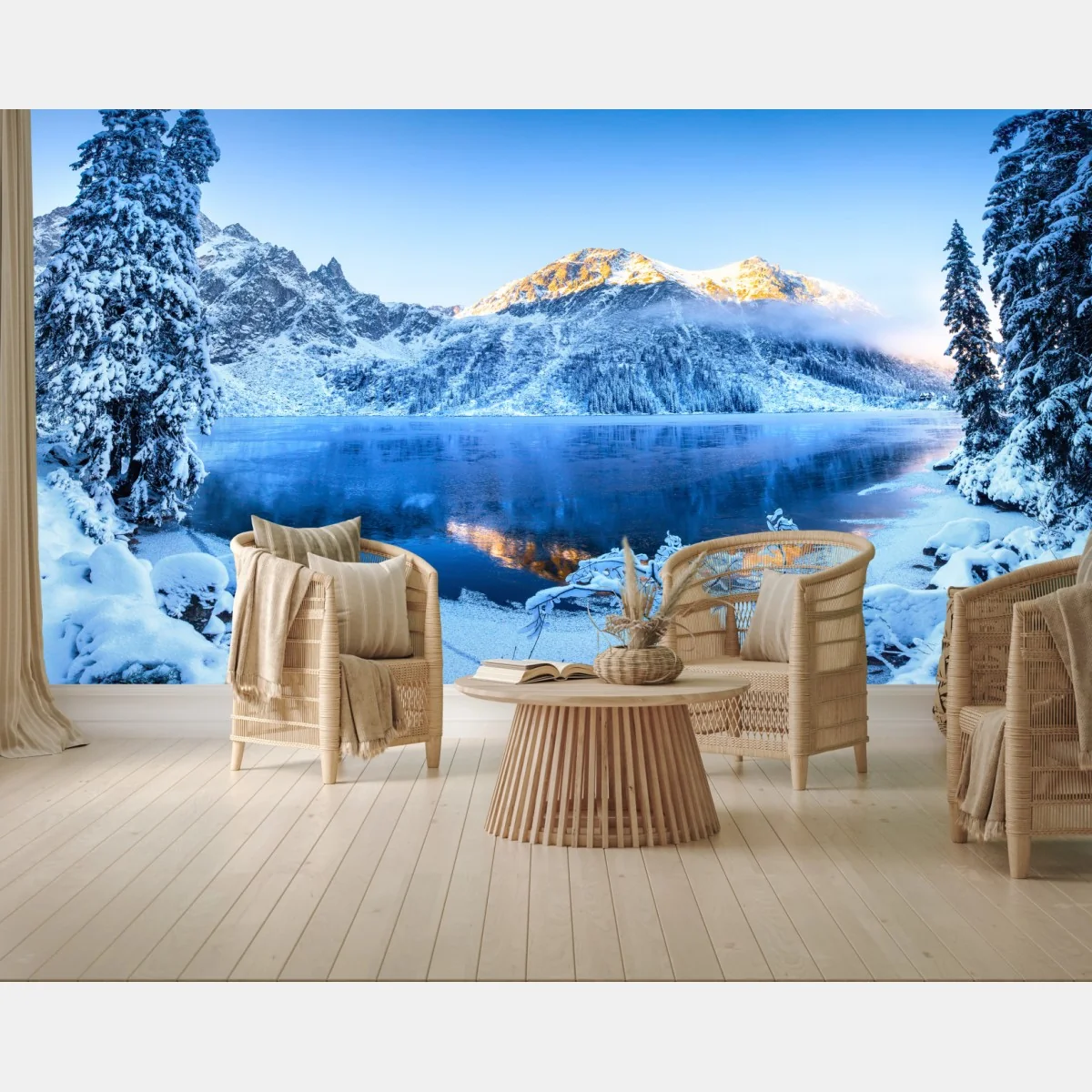 Fototapeta zimowy wschód słońca nad zamarzniętym górskim jeziorem – Wallissimo® Fototapeta zimowy wschód słońca nad zamarzniętym górskim jeziorem – Wallissimo®