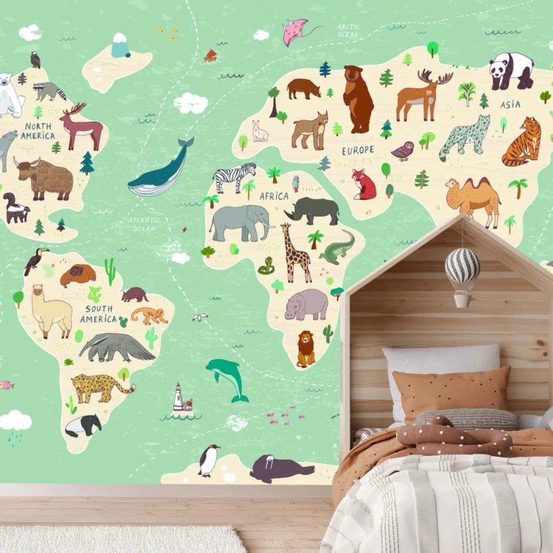 Fototapeta zabawna mapa świata ze zwierzętami – Wallissimo® Fototapeta zabawna mapa świata ze zwierzętami – Wallissimo®