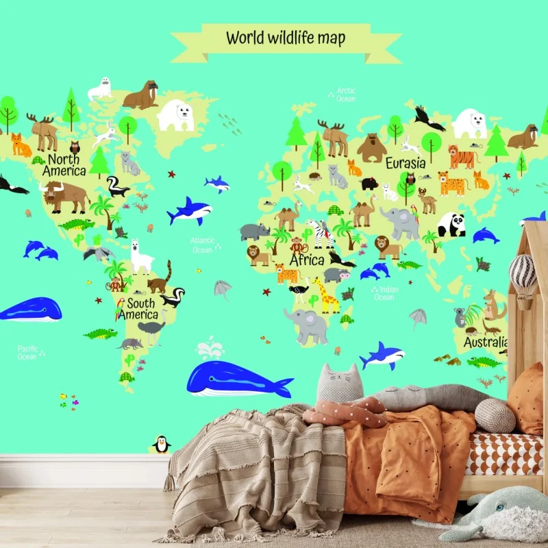 Fototapeta mapa świata ze zwierzętami dla dzieci – Wallissimo®