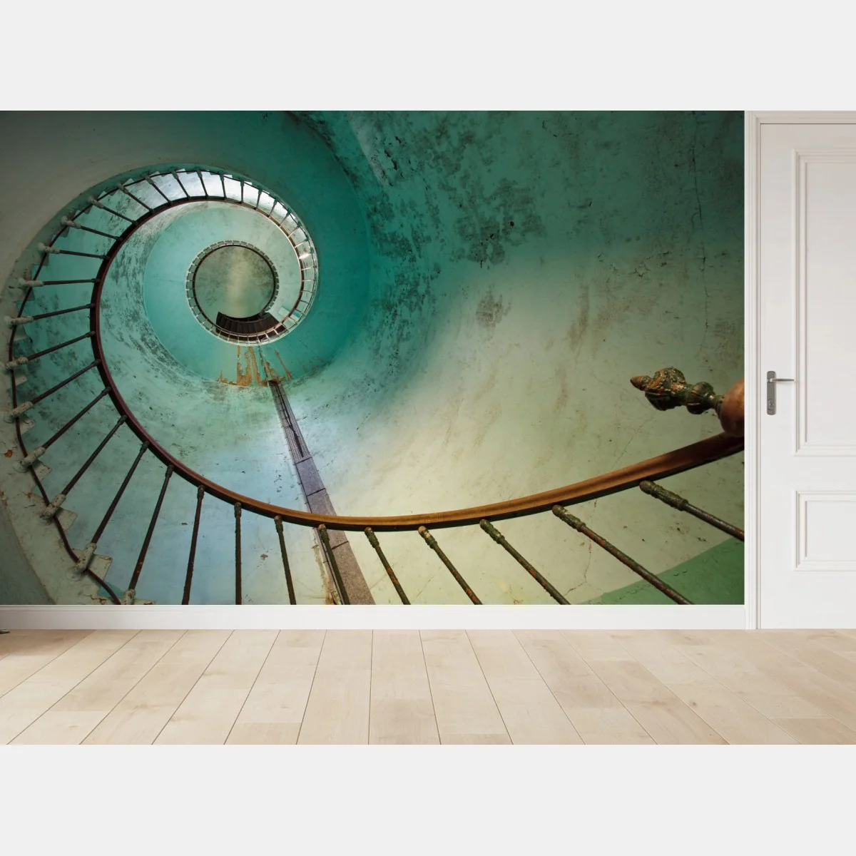 Fototapeta turkusowa spiralna klatka schodowa w zabytkowym wnętrzu – Wallissimo® Fototapeta turkusowa spiralna klatka schodowa w zabytkowym wnętrzu – Wallissimo®