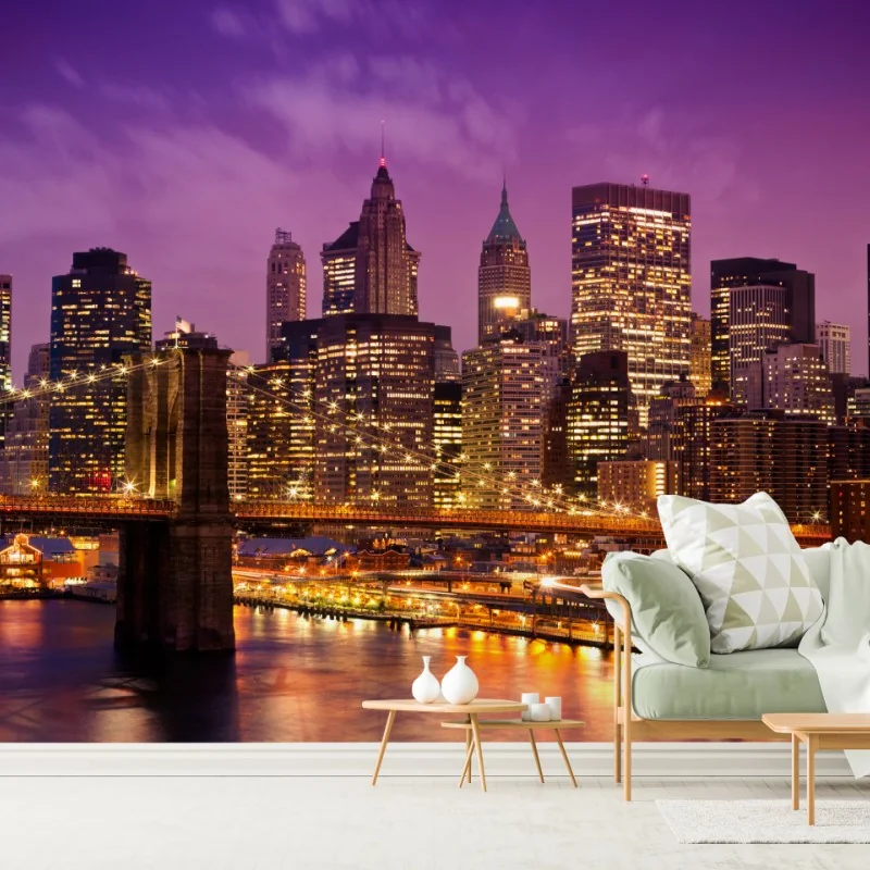 Fototapeta fioletowa panorama miasta z oświetlonym mostem – Wallissimo®