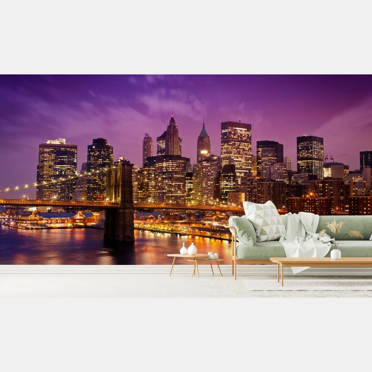 Fototapeta fioletowa panorama miasta z oświetlonym mostem – Wallissimo®
