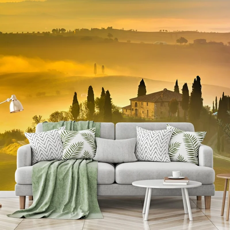 Fototapeta Toskania o świcie nad złotymi wzgórzami – Wallissimo® Fototapeta Toskania o świcie nad złotymi wzgórzami – Wallissimo®