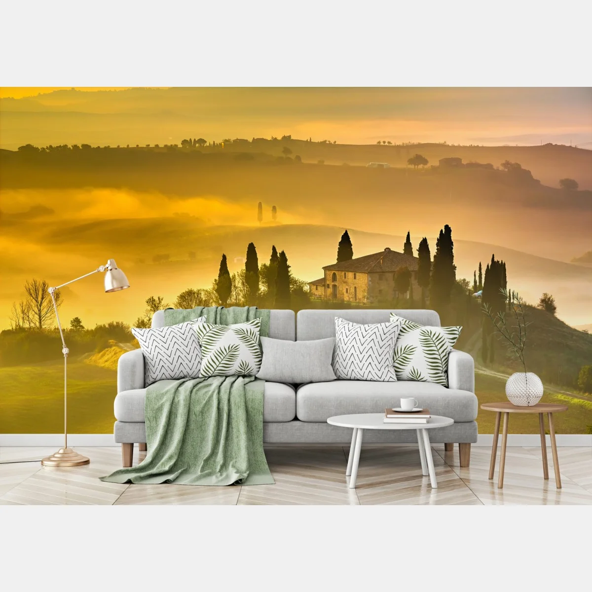 Fototapeta Toskania o świcie nad złotymi wzgórzami – Wallissimo® Fototapeta Toskania o świcie nad złotymi wzgórzami – Wallissimo®