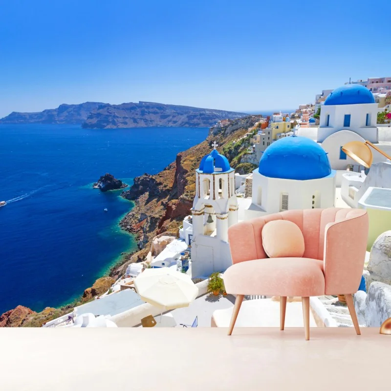 Fototapeta Santorini błękitne kopuły nad kalderą – Wallissimo® Fototapeta Santorini błękitne kopuły nad kalderą – Wallissimo®