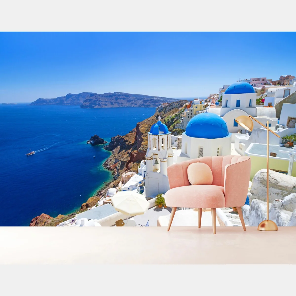 Fototapeta Santorini błękitne kopuły nad kalderą – Wallissimo® Fototapeta Santorini błękitne kopuły nad kalderą – Wallissimo®