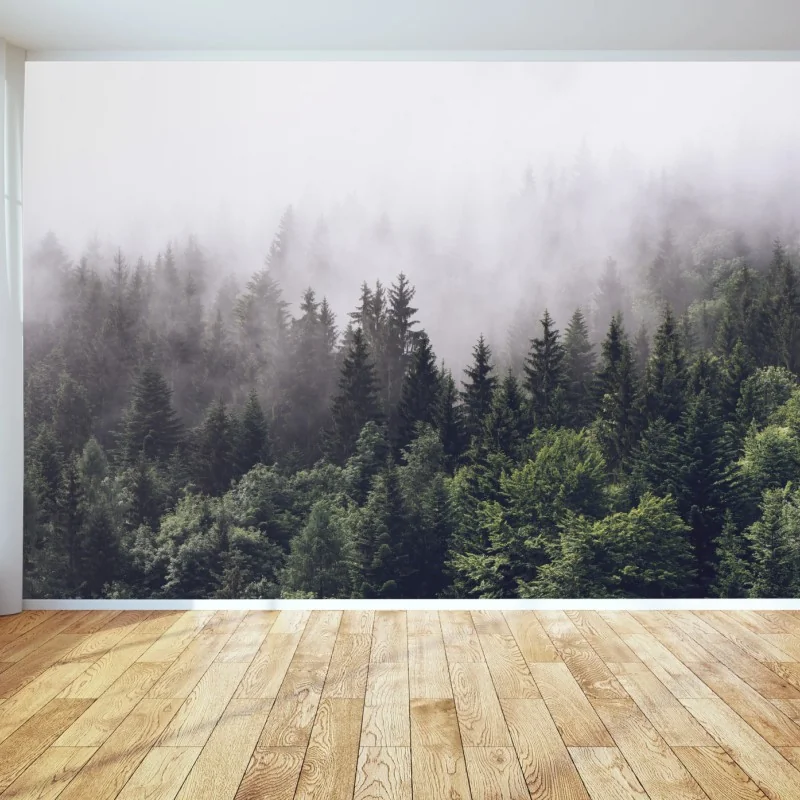 Fototapeta mglisty las iglasty na górskim zboczu – Wallissimo® Fototapeta mglisty las iglasty na górskim zboczu – Wallissimo®