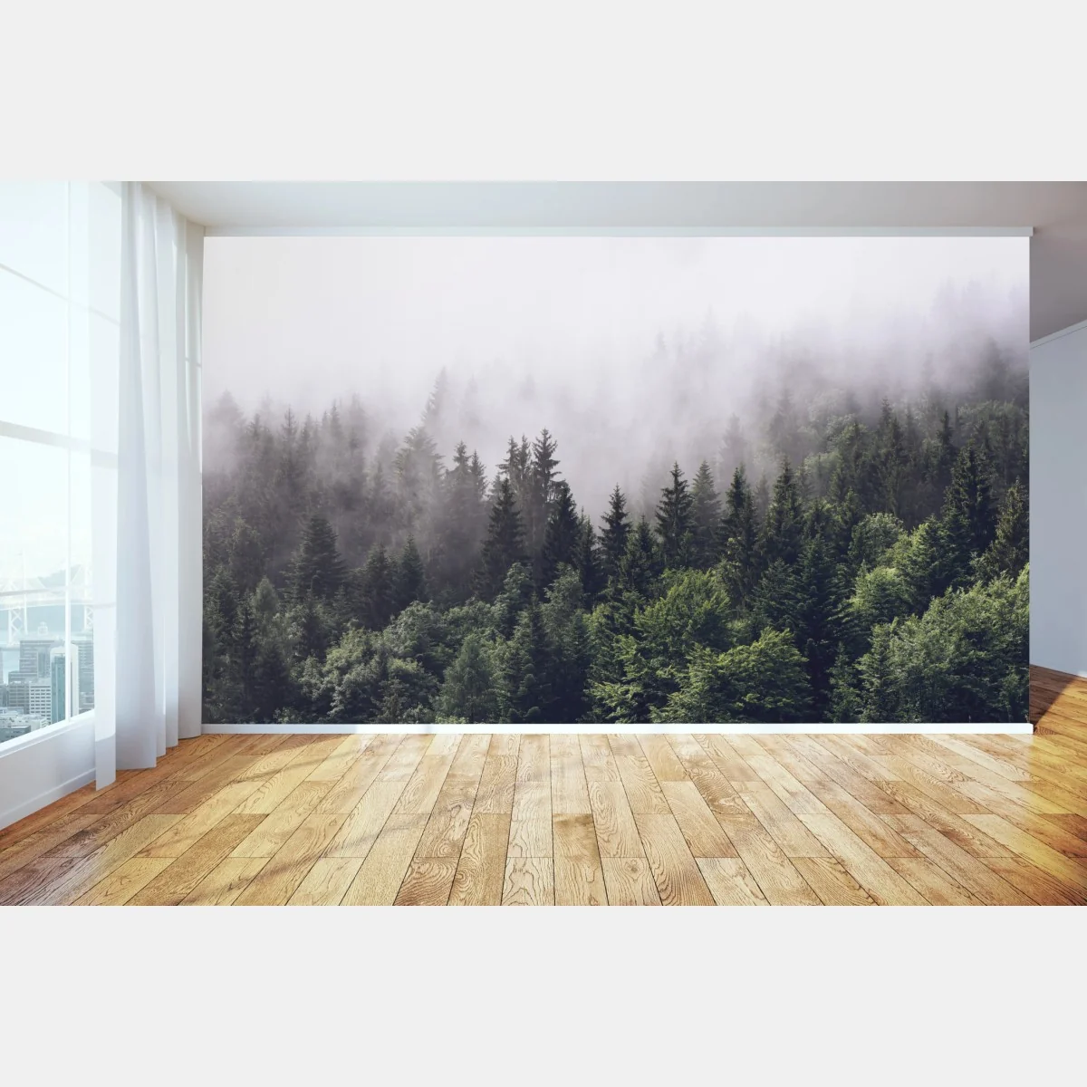 Fototapeta mglisty las iglasty na górskim zboczu – Wallissimo® Fototapeta mglisty las iglasty na górskim zboczu – Wallissimo®