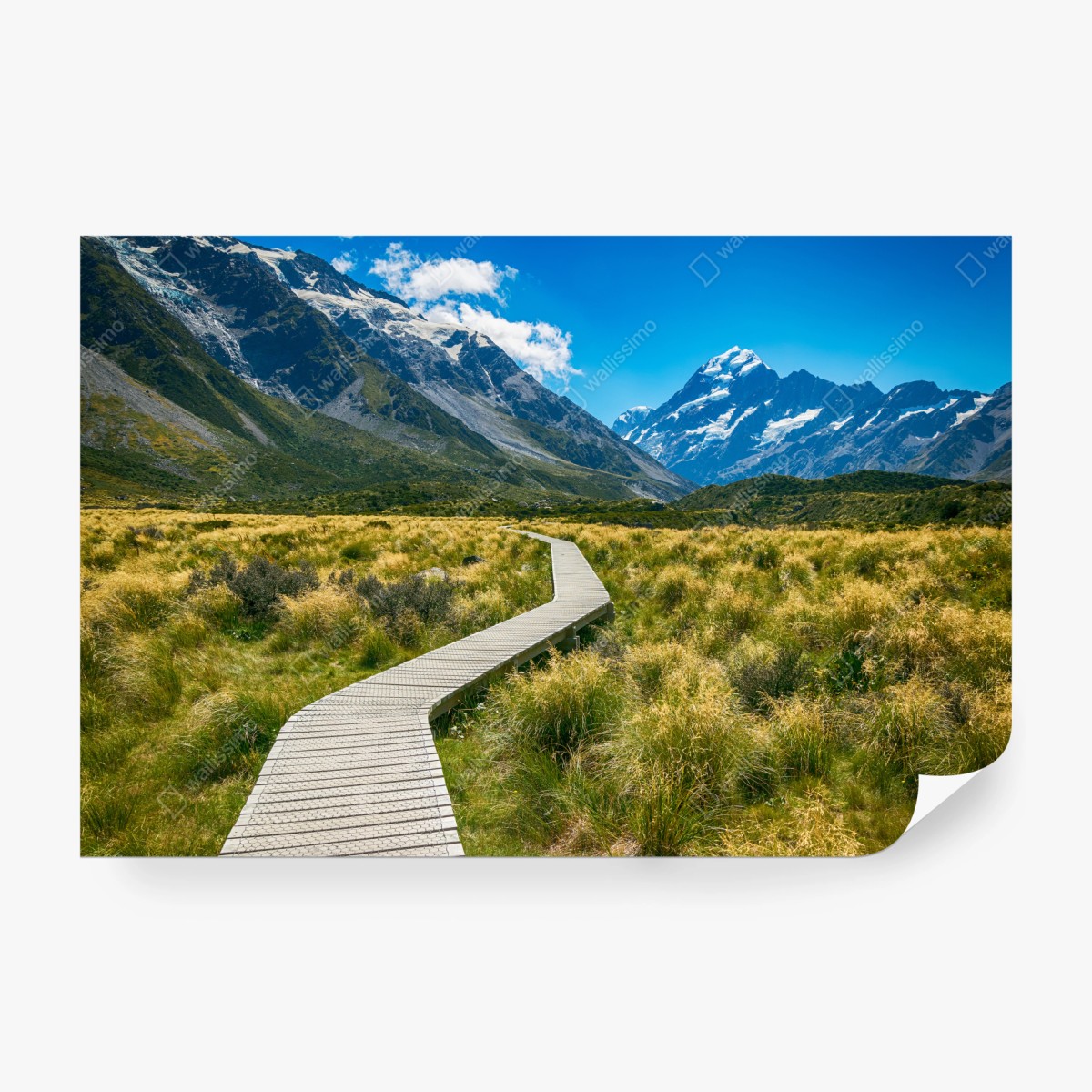 Fototapeta kładka przez łąkę prowadząca do ośnieżonych szczytów – Wallissimo® Fototapeta kładka przez łąkę prowadząca do ośnieżonych szczytów – Wallissimo®