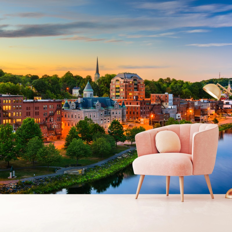 Fototapeta Augusta panorama miasta przy rzece Kennebec o zachodzie słońca – Wallissimo® Fototapeta Augusta panorama miasta przy rzece Kennebec o zachodzie słońca – Wallissimo®