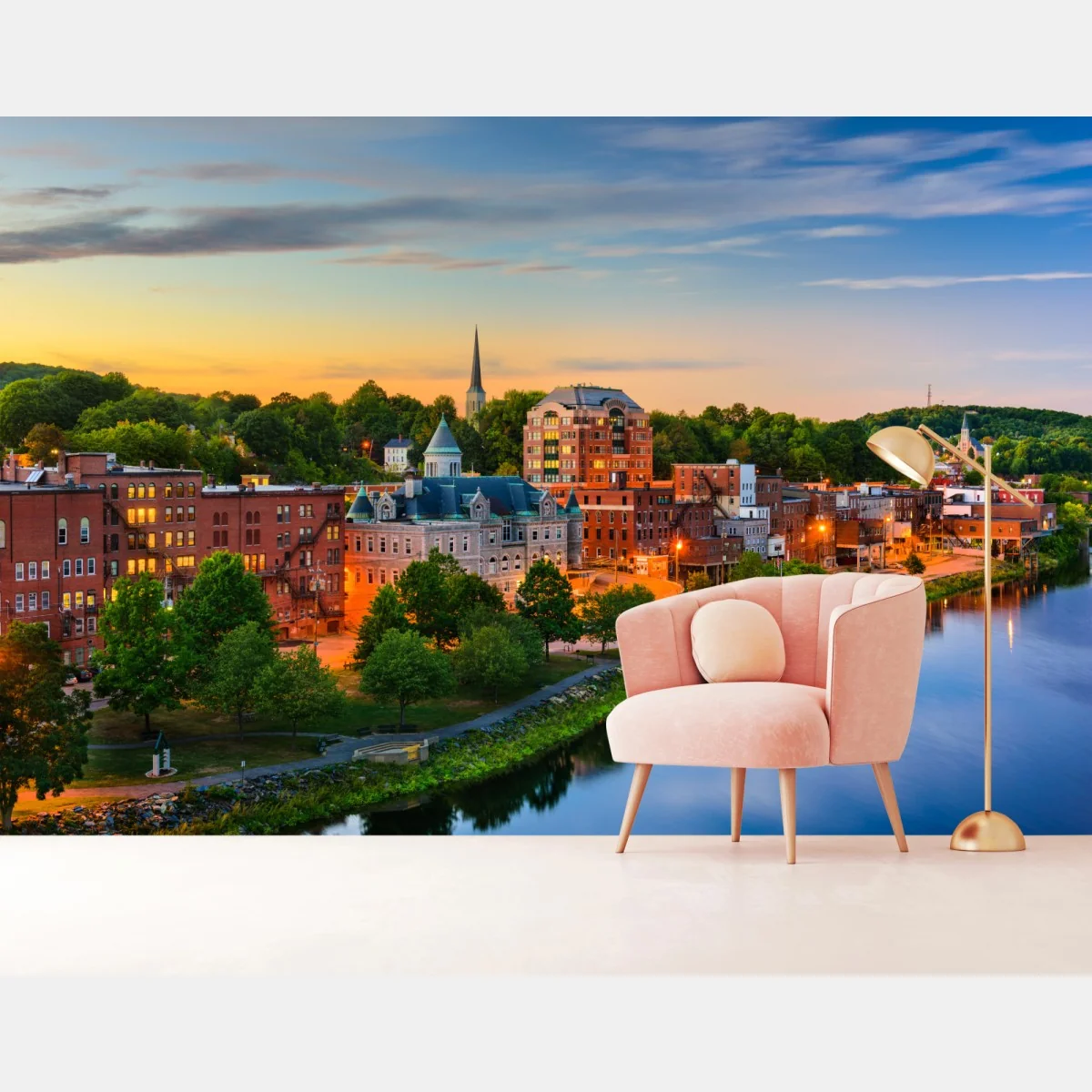 Fototapeta Augusta panorama miasta przy rzece Kennebec o zachodzie słońca – Wallissimo® Fototapeta Augusta panorama miasta przy rzece Kennebec o zachodzie słońca – Wallissimo®