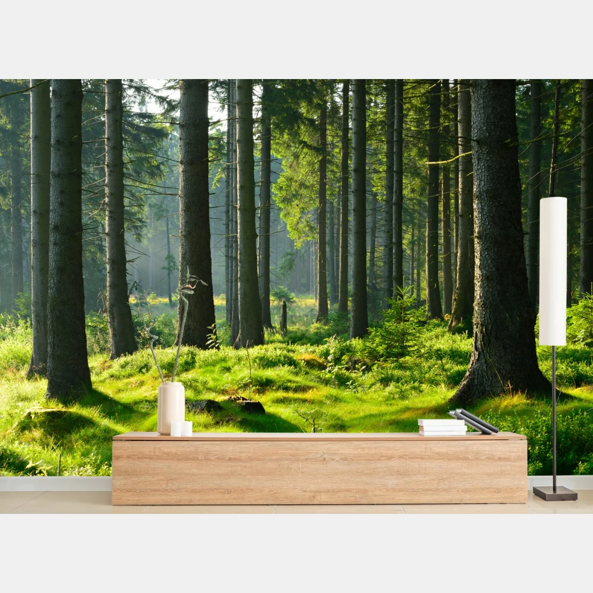 Fototapeta słoneczna zielona polana w lesie – Wallissimo® Fototapeta słoneczna zielona polana w lesie – Wallissimo®