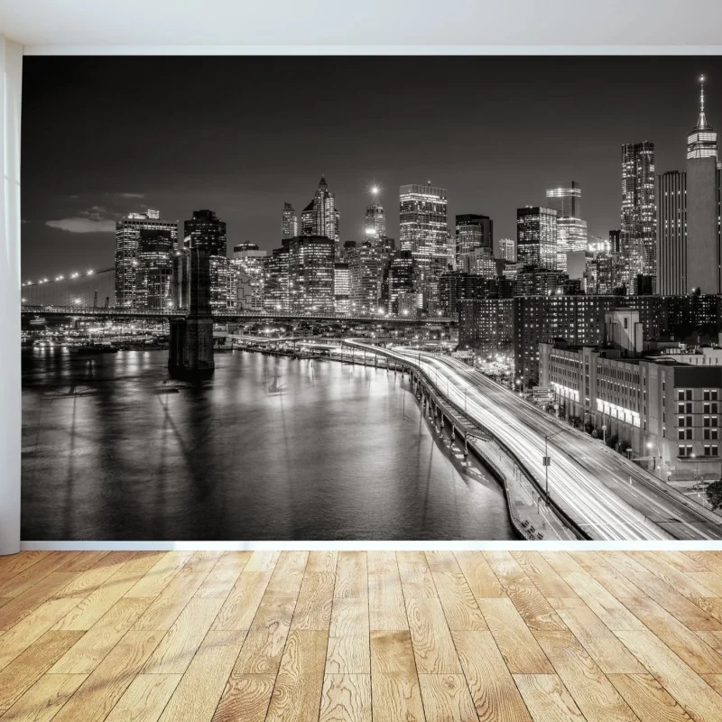 Fototapeta czarno-biała panorama miasta nocą – Wallissimo® Fototapeta czarno-biała panorama miasta nocą – Wallissimo®