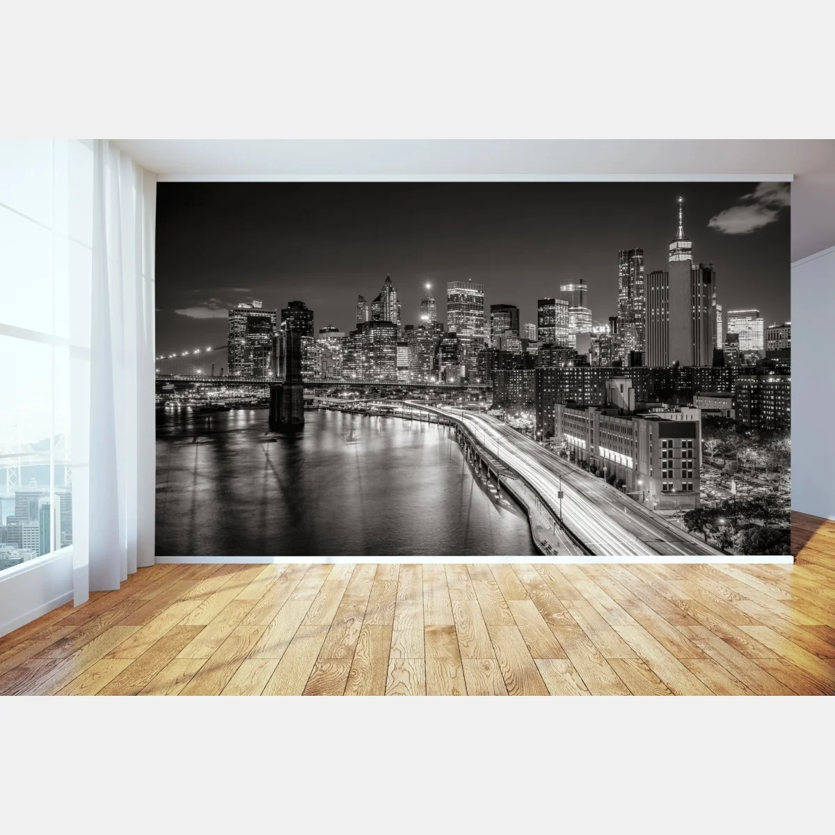 Fototapeta czarno-biała panorama miasta nocą – Wallissimo® Fototapeta czarno-biała panorama miasta nocą – Wallissimo®