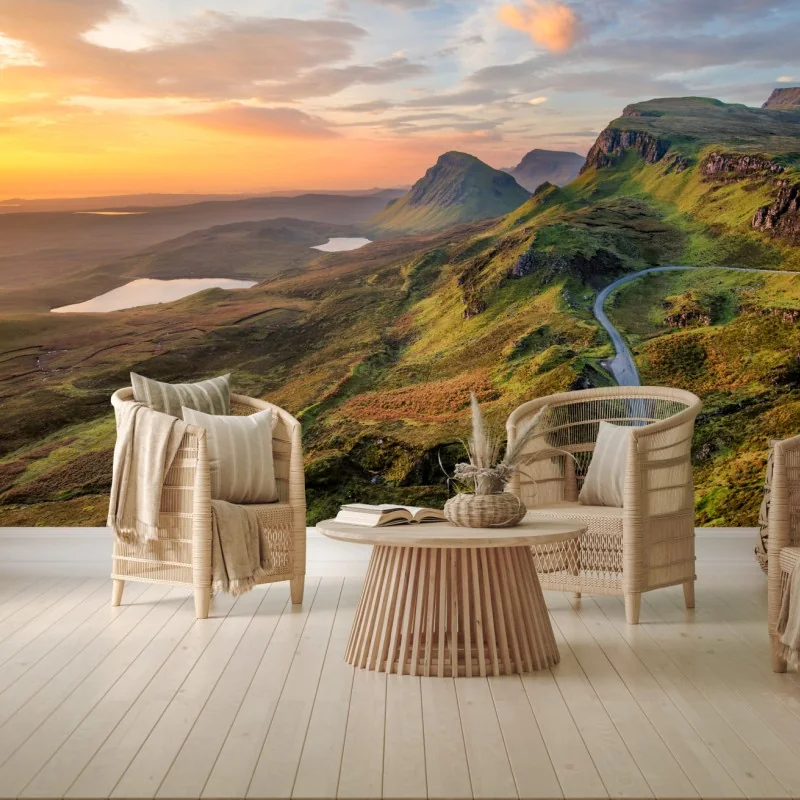 Fototapeta zachód słońca nad zielonymi wzgórzami – Wallissimo® Fototapeta zachód słońca nad zielonymi wzgórzami – Wallissimo®