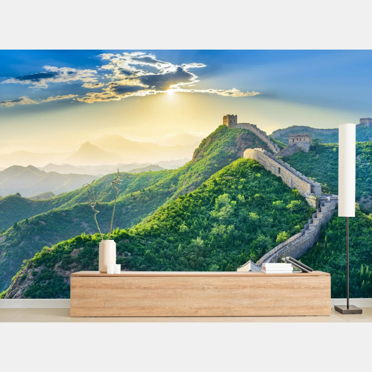 Fototapeta Wielki Mur o świcie nad zielonymi górami – Wallissimo® Fototapeta Wielki Mur o świcie nad zielonymi górami – Wallissimo®