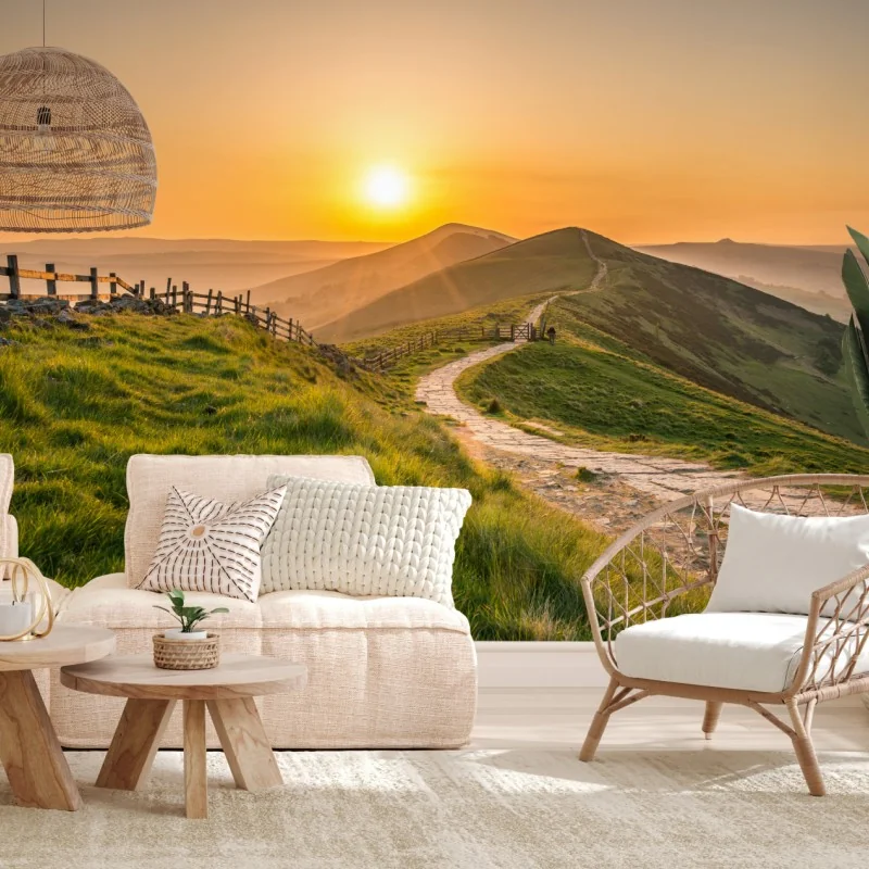 Fototapeta wschód słońca nad zielonymi pagórkami – Wallissimo® Fototapeta wschód słońca nad zielonymi pagórkami – Wallissimo®