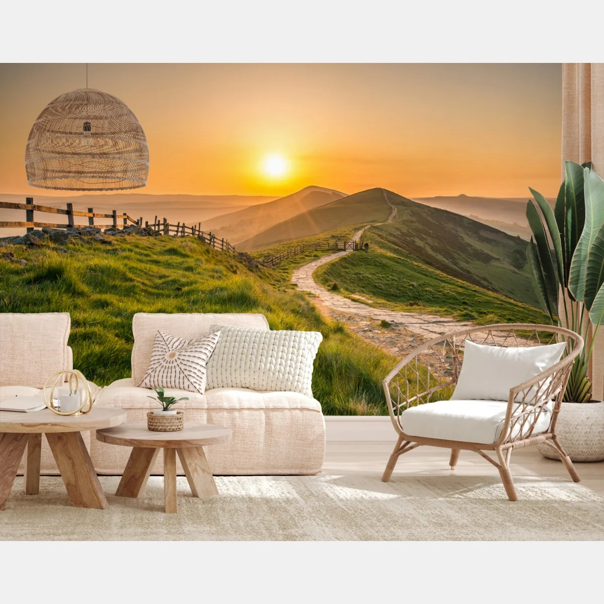 Fototapeta wschód słońca nad zielonymi pagórkami – Wallissimo® Fototapeta wschód słońca nad zielonymi pagórkami – Wallissimo®