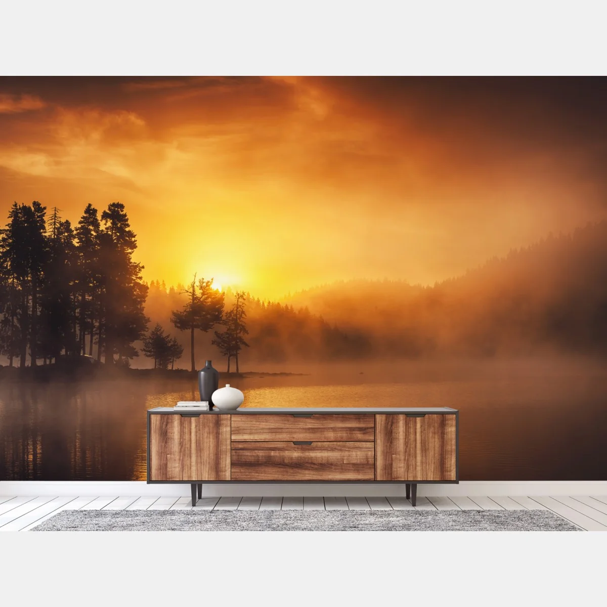 Fototapeta złoty wschód słońca nad mglistym jeziorem – Wallissimo® Fototapeta złoty wschód słońca nad mglistym jeziorem – Wallissimo®