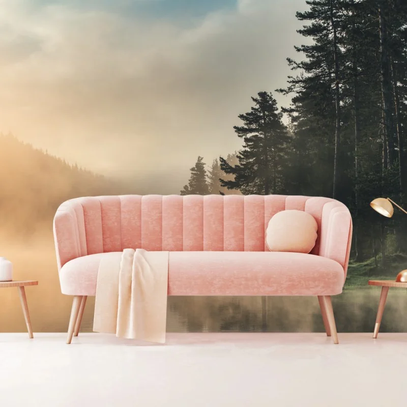 Fototapeta mglisty wschód słońca nad leśnym jeziorem – Wallissimo® Fototapeta mglisty wschód słońca nad leśnym jeziorem – Wallissimo®