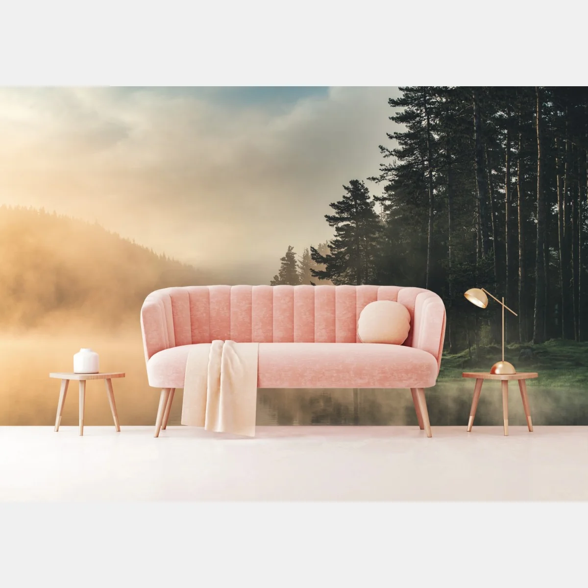 Fototapeta mglisty wschód słońca nad leśnym jeziorem – Wallissimo® Fototapeta mglisty wschód słońca nad leśnym jeziorem – Wallissimo®