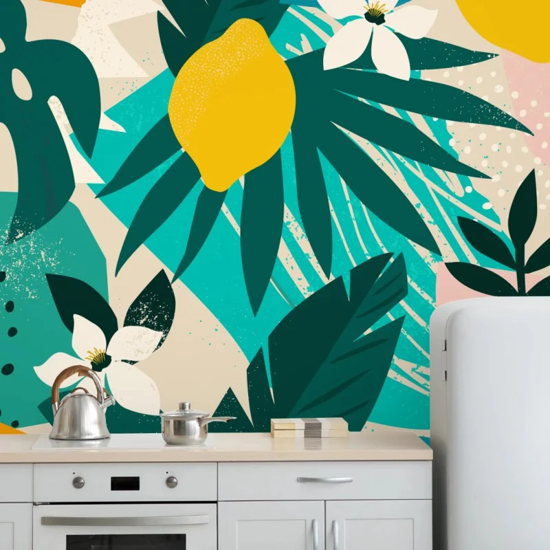 Fototapeta tropikalny wzór z liśćmi i cytrynami – Wallissimo® Fototapeta tropikalny wzór z liśćmi i cytrynami – Wallissimo®