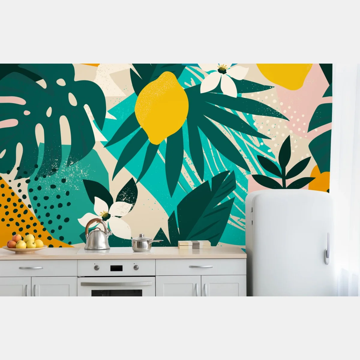 Fototapeta tropikalny wzór z liśćmi i cytrynami – Wallissimo® Fototapeta tropikalny wzór z liśćmi i cytrynami – Wallissimo®