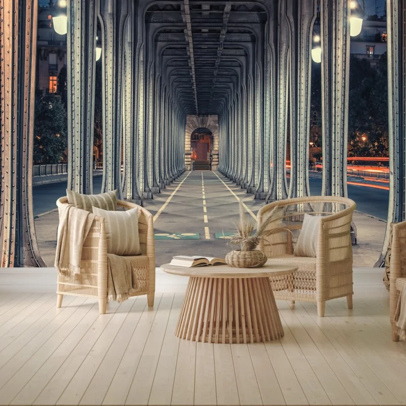 Fototapeta symetryczny korytarz stalowego mostu nocą – Wallissimo® Fototapeta symetryczny korytarz stalowego mostu nocą – Wallissimo®