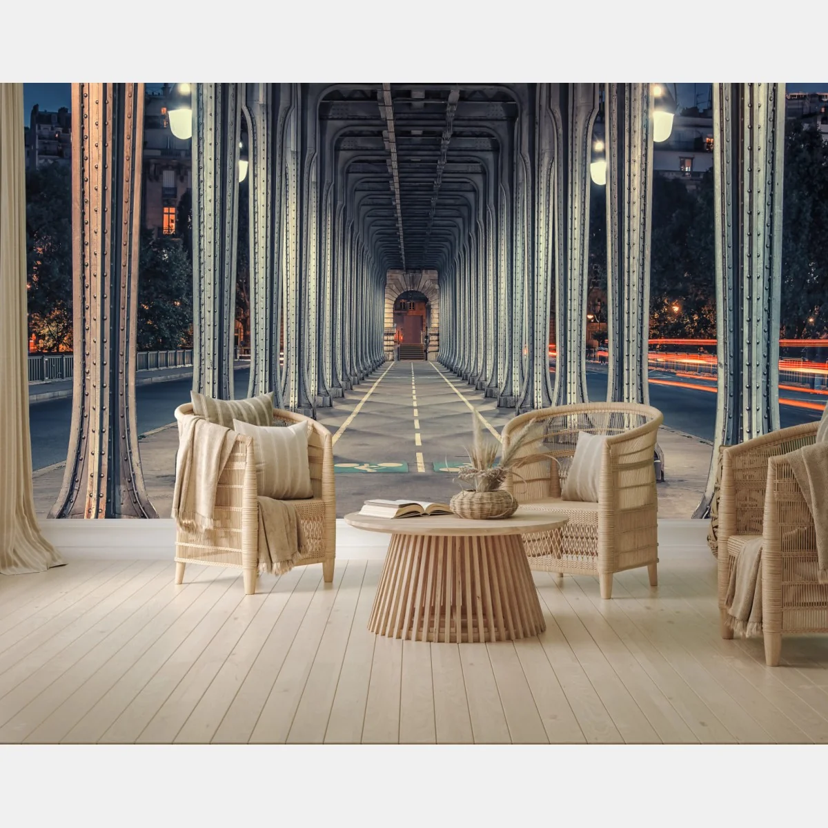 Fototapeta symetryczny korytarz stalowego mostu nocą – Wallissimo® Fototapeta symetryczny korytarz stalowego mostu nocą – Wallissimo®