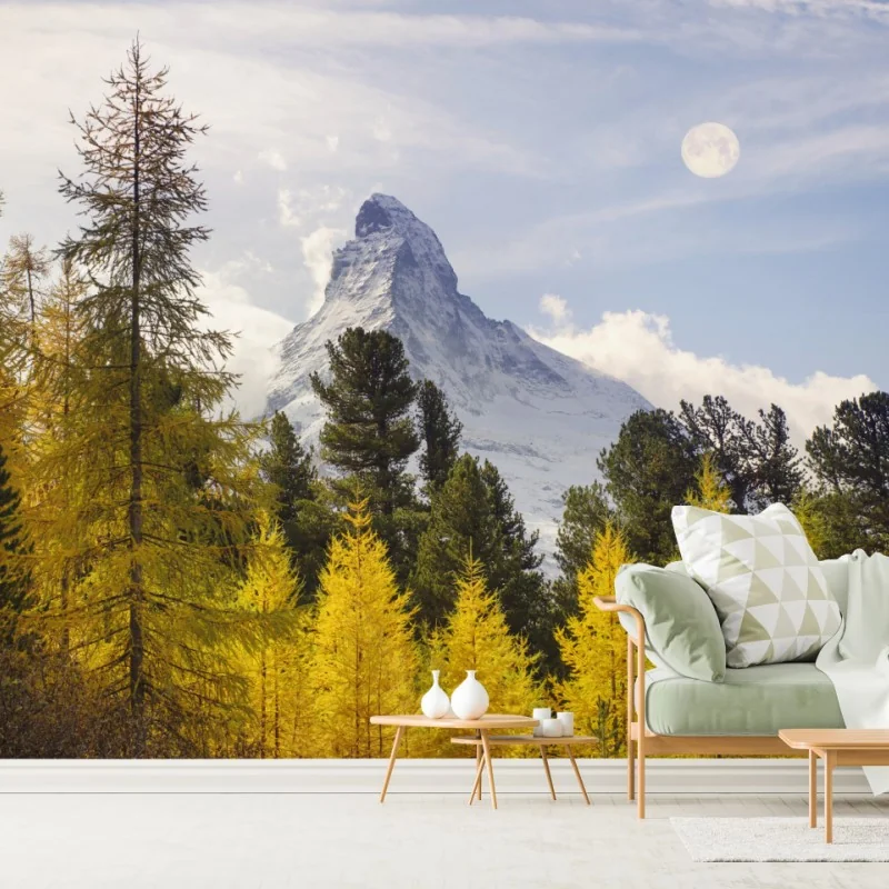Fototapeta złote modrzewie i Matterhorn – Wallissimo® Fototapeta złote modrzewie i Matterhorn – Wallissimo®