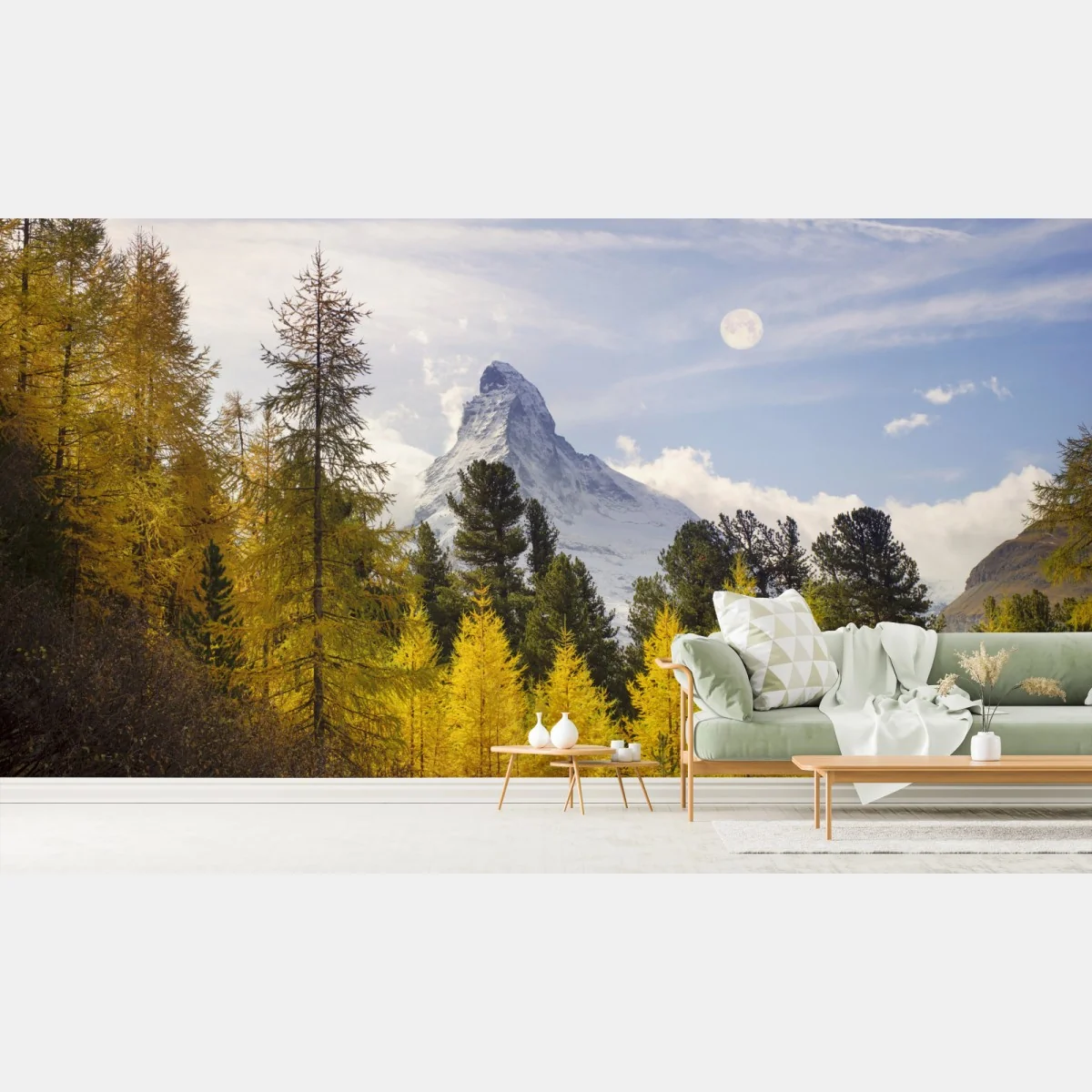 Fototapeta złote modrzewie i Matterhorn – Wallissimo® Fototapeta złote modrzewie i Matterhorn – Wallissimo®