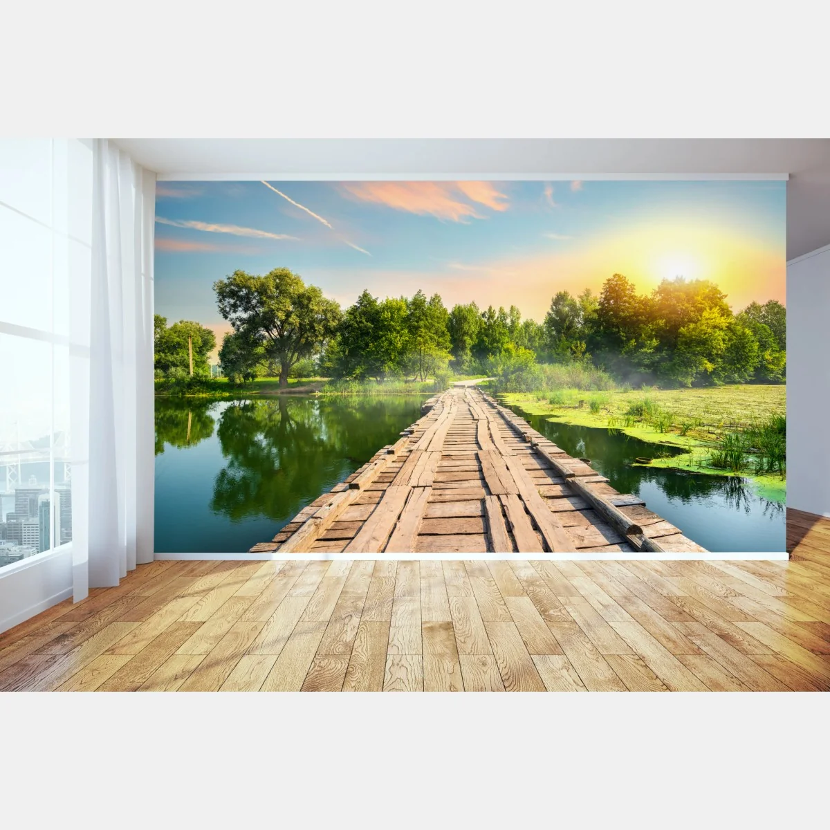 Fototapeta słoneczny drewniany most nad spokojnym jeziorem – Wallissimo® Fototapeta słoneczny drewniany most nad spokojnym jeziorem – Wallissimo®