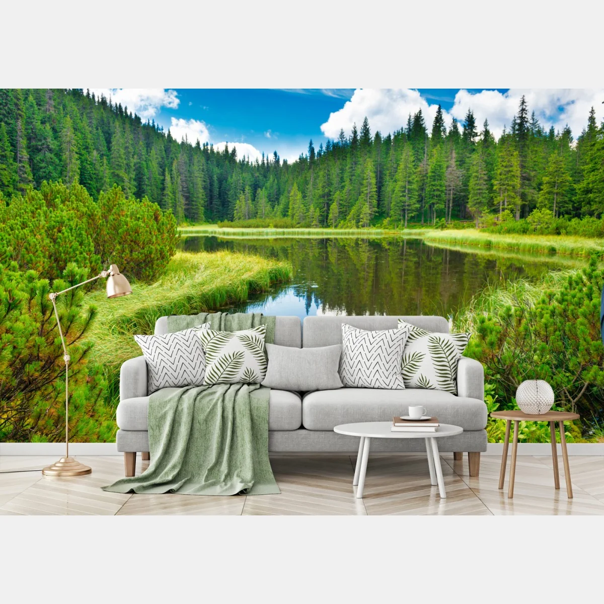 Fototapeta spokojne jezioro leśne z drewnianym mostem – Wallissimo® Fototapeta spokojne jezioro leśne z drewnianym mostem – Wallissimo®