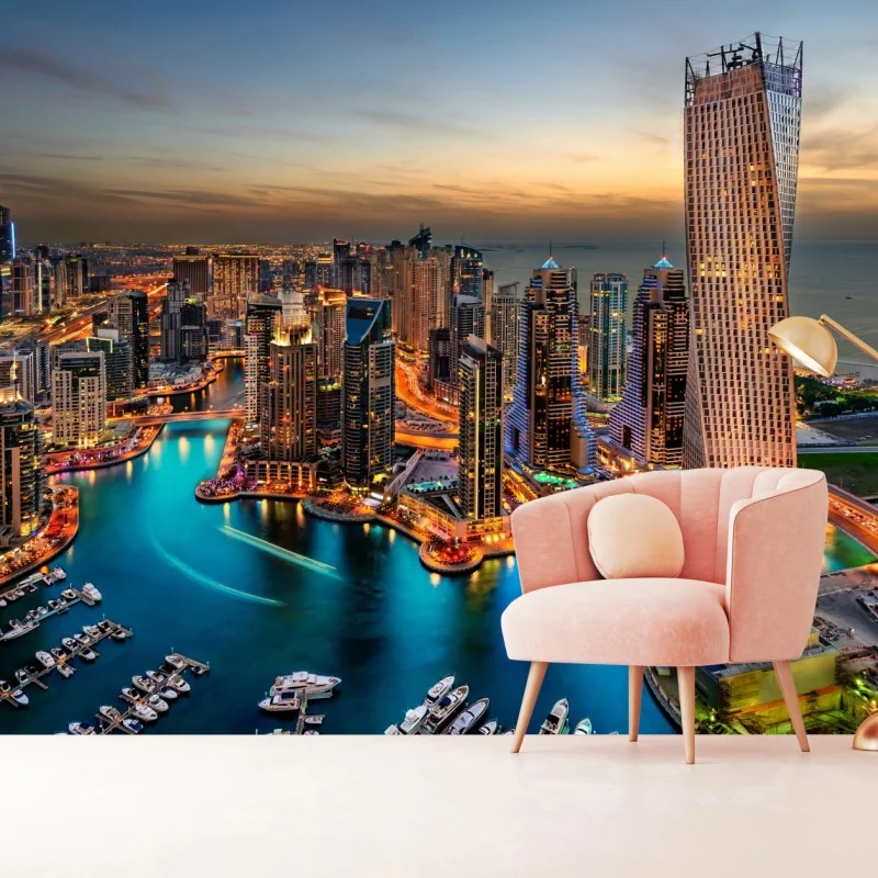 Fototapeta Dubaj marina wieczorna panorama – Wallissimo® Fototapeta Dubaj marina wieczorna panorama – Wallissimo®