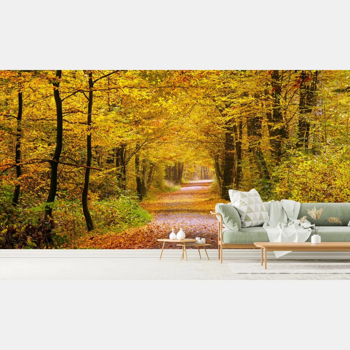 Fototapeta złota jesienna ścieżka w lesie – Wallissimo® Fototapeta złota jesienna ścieżka w lesie – Wallissimo®