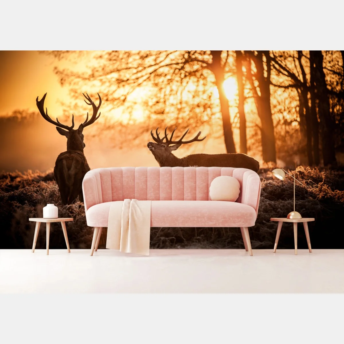 Fototapeta złocisty wschód słońca z jeleniami na mroźnej łące – Wallissimo® Fototapeta złocisty wschód słońca z jeleniami na mroźnej łące – Wallissimo®
