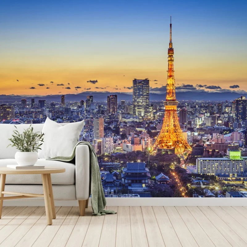 Fototapeta Wieża Tokijska o zmierzchu nad panoramą Tokio – Wallissimo® Fototapeta Wieża Tokijska o zmierzchu nad panoramą Tokio – Wallissimo®