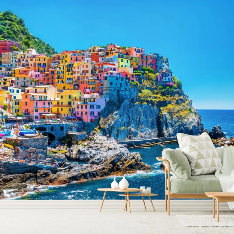 Fototapeta kolorowa wioska na klifie nad morzem – Wallissimo® Fototapeta kolorowa wioska na klifie nad morzem – Wallissimo®