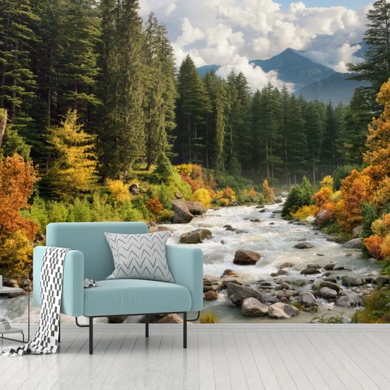 Fototapeta jesienny górski krajobraz z rzeką – Wallissimo® Fototapeta jesienny górski krajobraz z rzeką – Wallissimo®